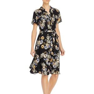 Nanette Lepore Black Dream Cloud Floral Swing Midi Short Sleeve Belted Dress
